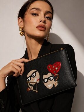 Dolce & Gabbana Black Leather Zip Pouch with Playful Character Appliqués